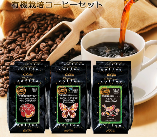 有機栽培コーヒー3種 100g x 各2袋、計600g（ペルーアルトアンデス、グアテマラ、モカブレンド）