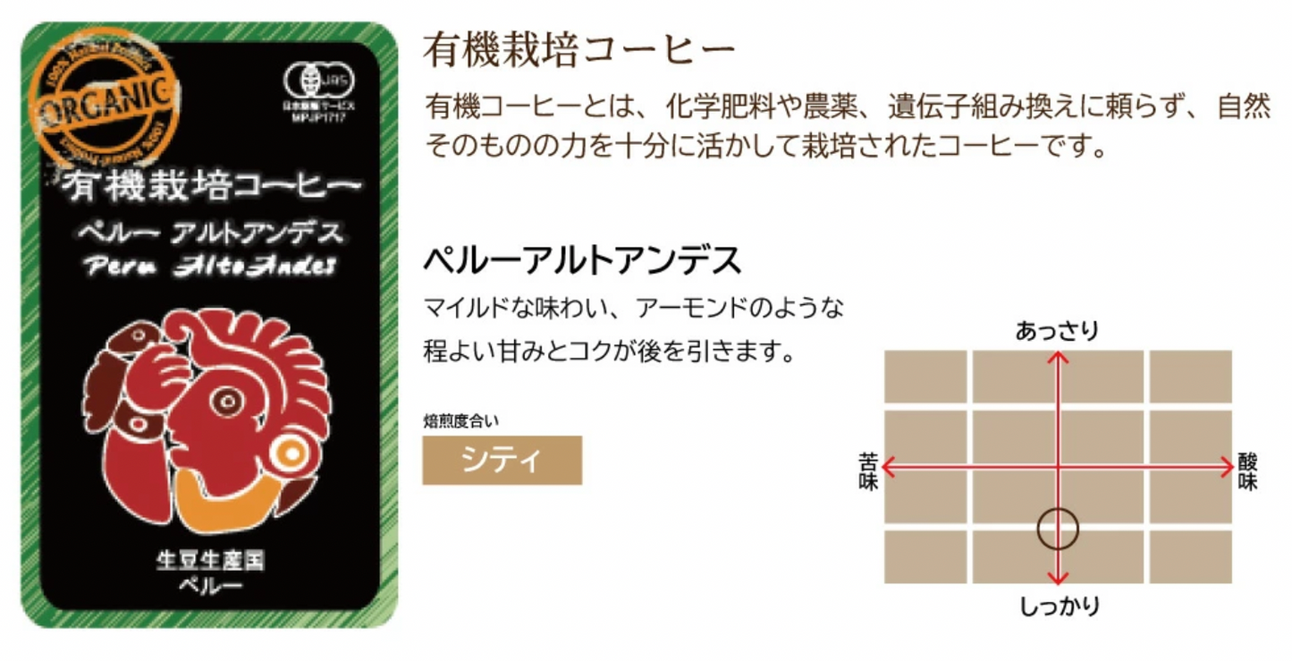 有機栽培コーヒー3種 100g x 各2袋、計600g（ペルーアルトアンデス、グアテマラ、モカブレンド）